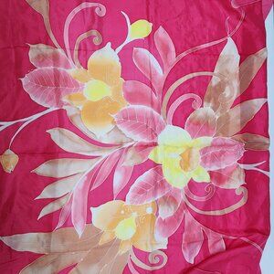 Vintage Floral Silk Batik Scarf With Yellow & Pink Flowers 34"